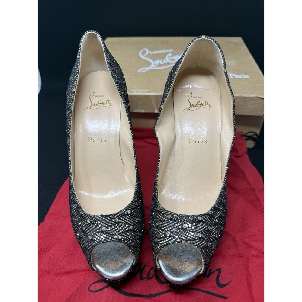 Christian Louboutin Black Lace Glitter Peep Toe Heels Red Bottom Pumps EU 39 - Picture 2 of 10